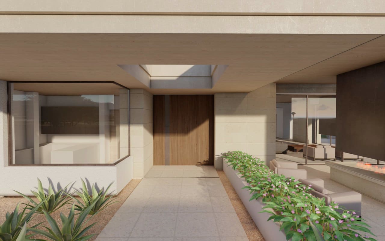 Rendering of front entrance at modern estate