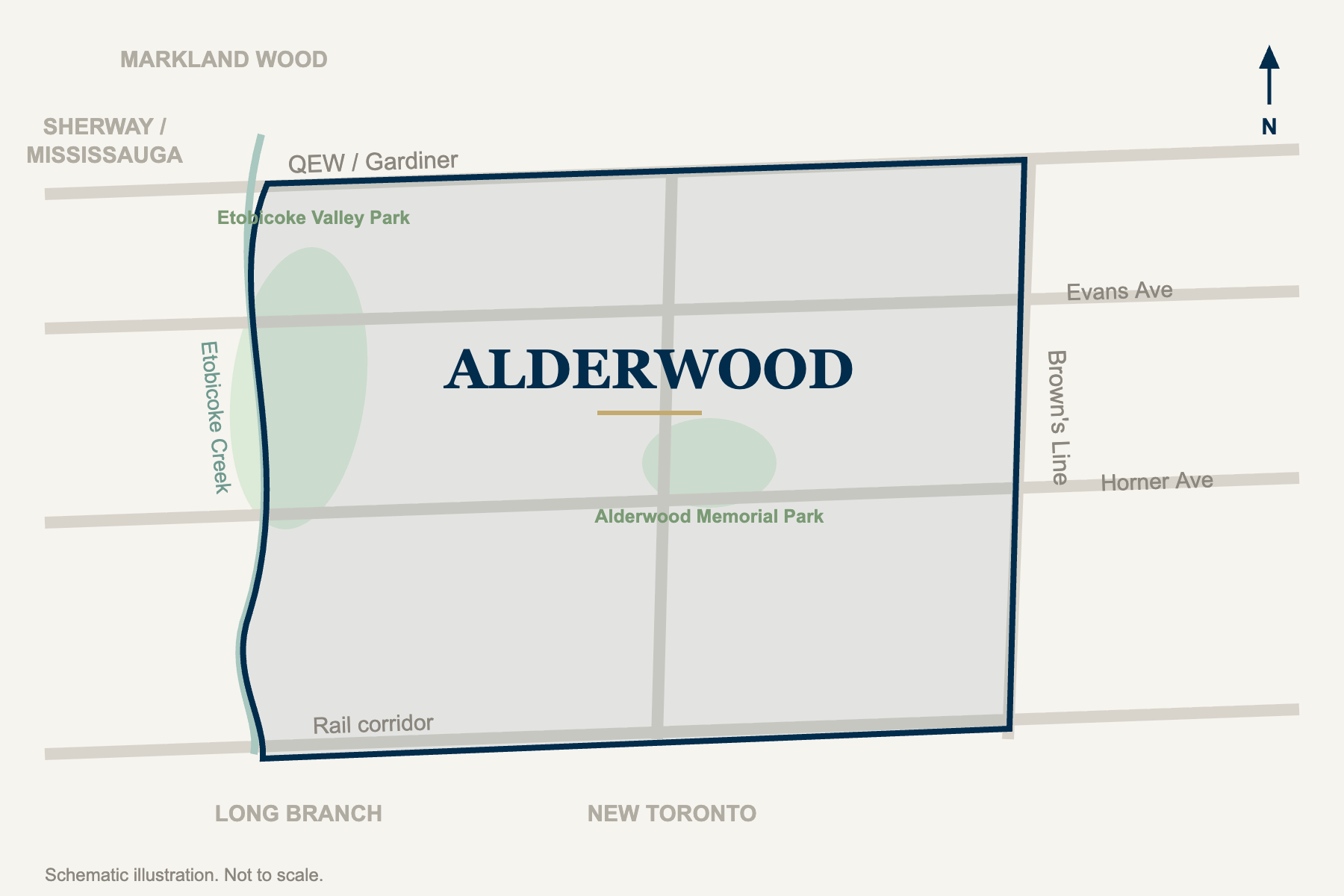 Schematic map of the Alderwood neighbourhood in Etobicoke, bounded by the QEW, Brown's Line, the rail corridor, and Etobicoke Creek