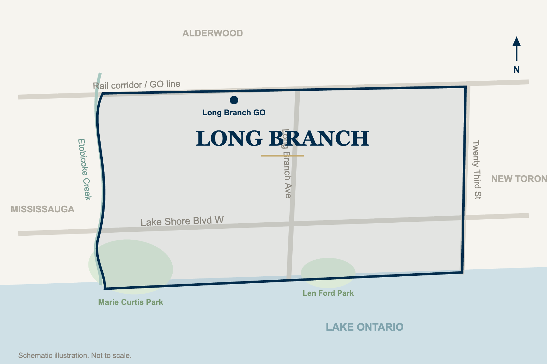 Schematic map of the Long Branch neighbourhood in Etobicoke, bounded by the rail corridor, Twenty Third Street, Lake Ontario, and Etobicoke Creek