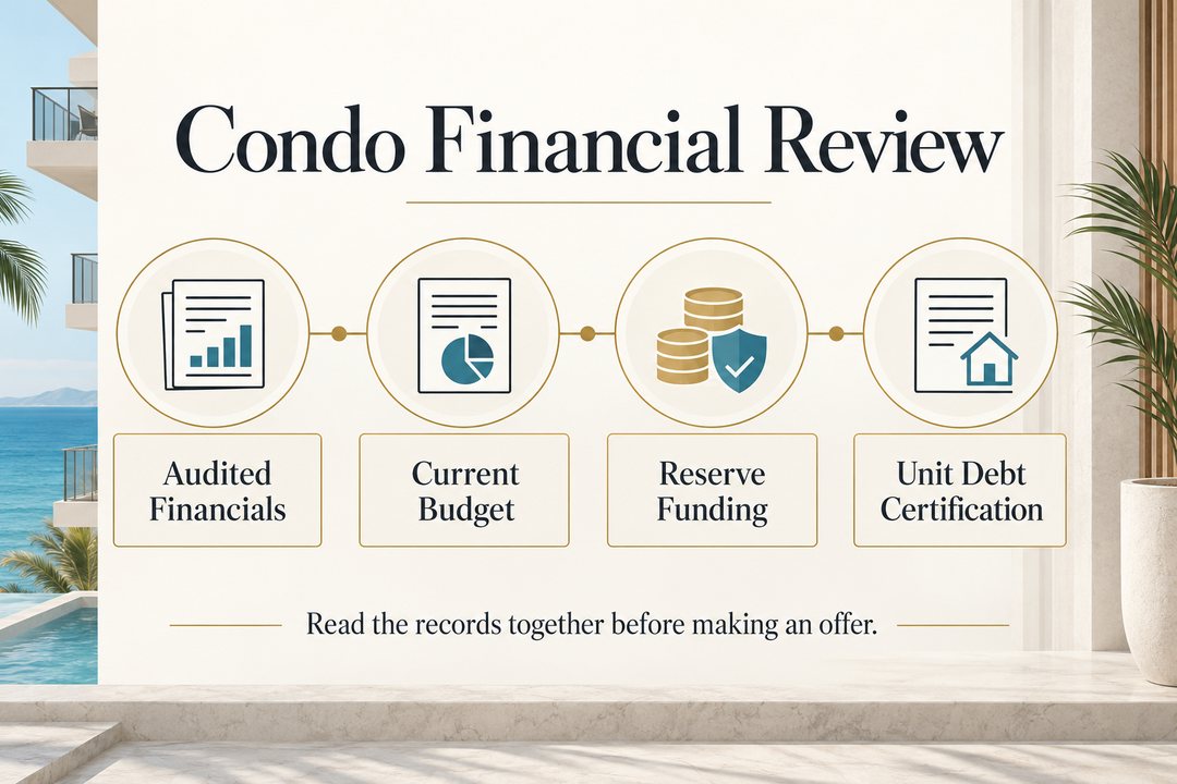 Condo financial review infographic covering statements, budget, reserves and unit debt