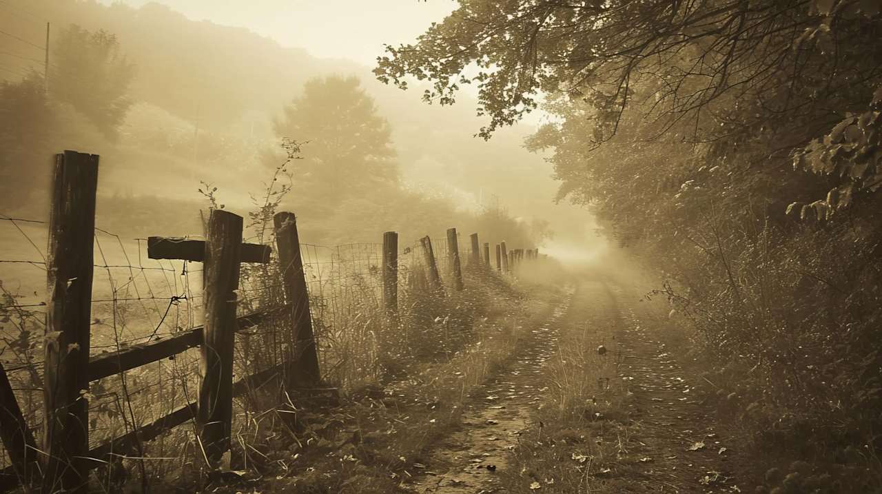 A misty dirt path stretches alongside a wooden fence and trees, extending into the distance with a serene, fog-covered forest backdrop, much like the journey of real estate agents guiding clients to their dream homes.