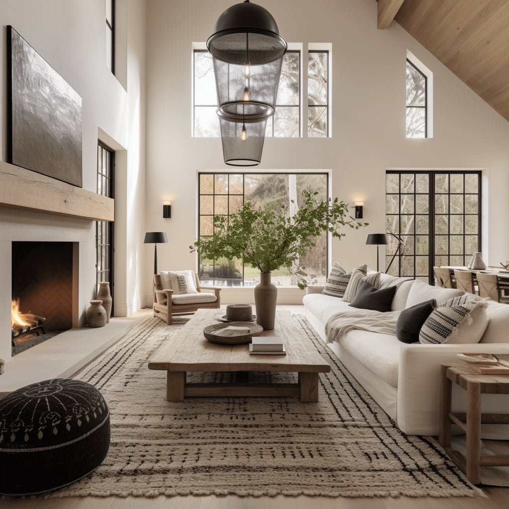 Spacious living room with white walls, wood accents, and large windows overlooking a garden.