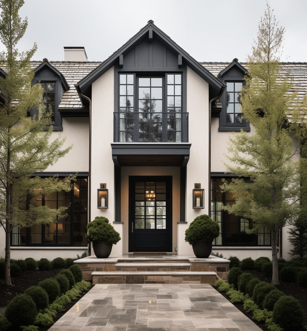 A large two-story house with a white stucco exterior and black trim