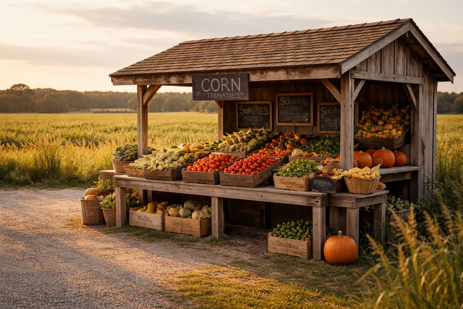 Wainscott farmstand with fresh vegetables including tomatoes and pumpkins