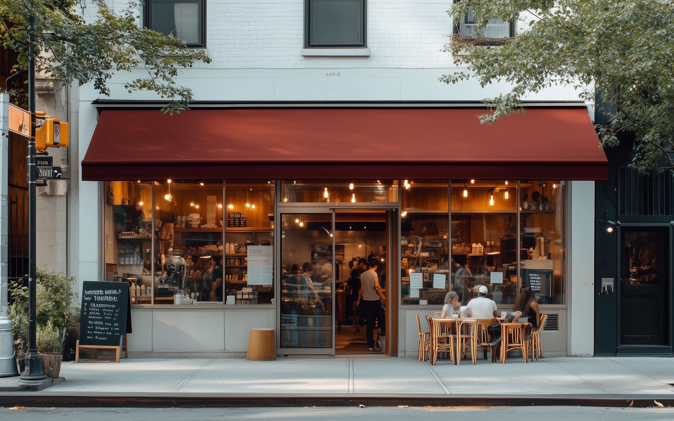 A charming house surrounded by trees, illuminated windows, and a spacious lawn at dusk.