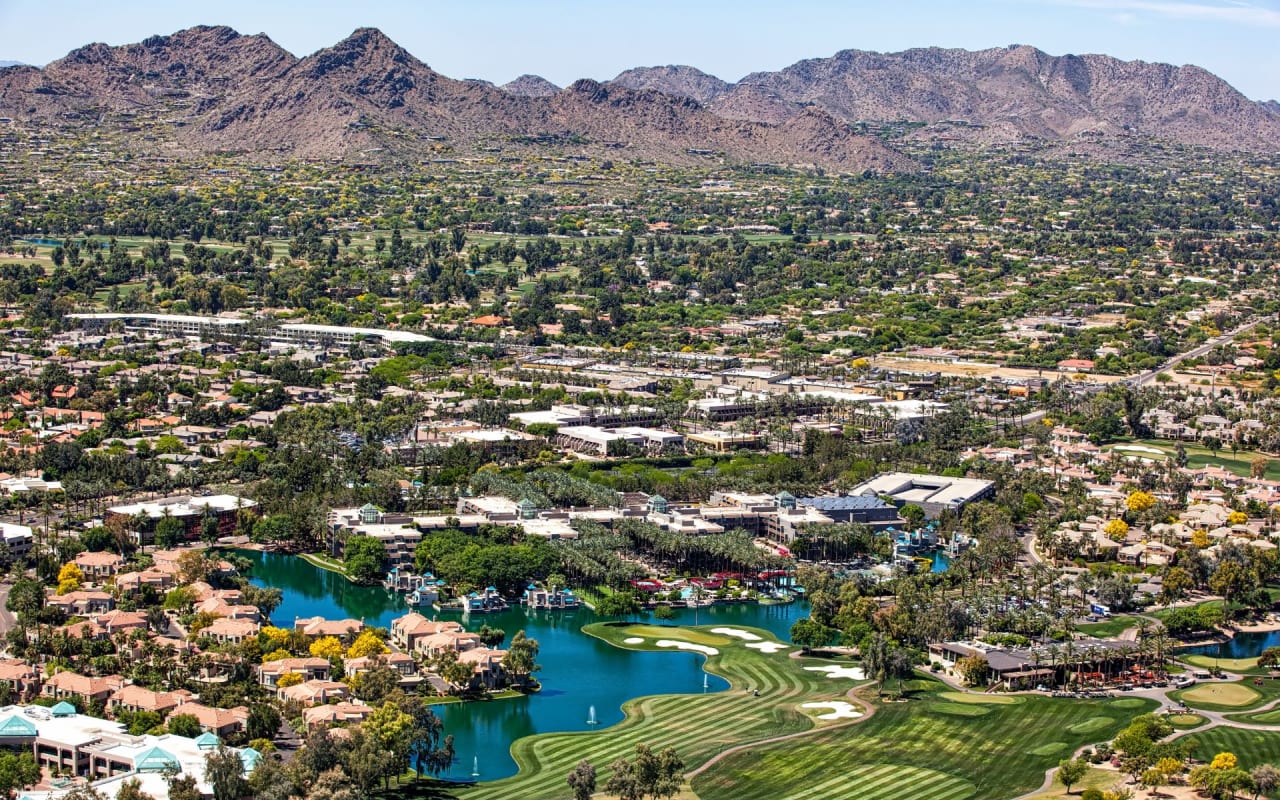 Aerial view of Scottsdale, Arizona, with the McDowell Mountains in the background