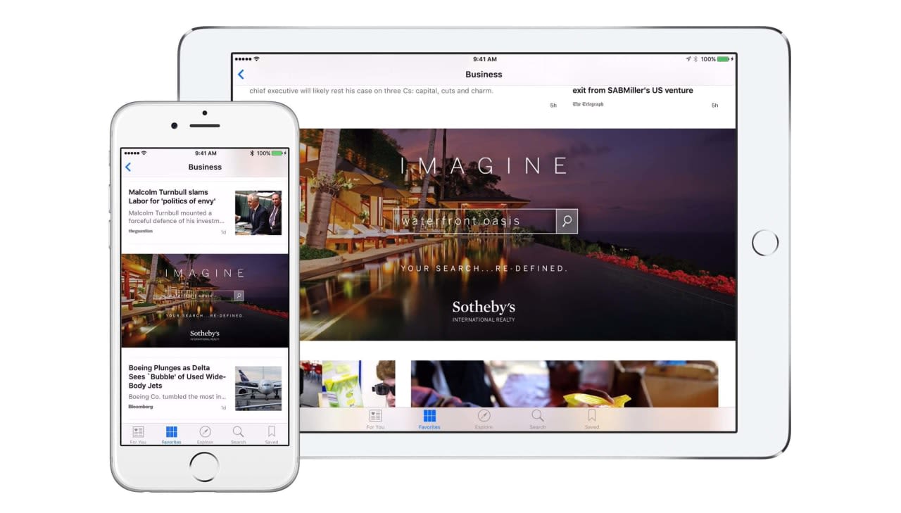 Smartphone and tablet displaying a Sotheby's International Realty waterfront property advertisement.