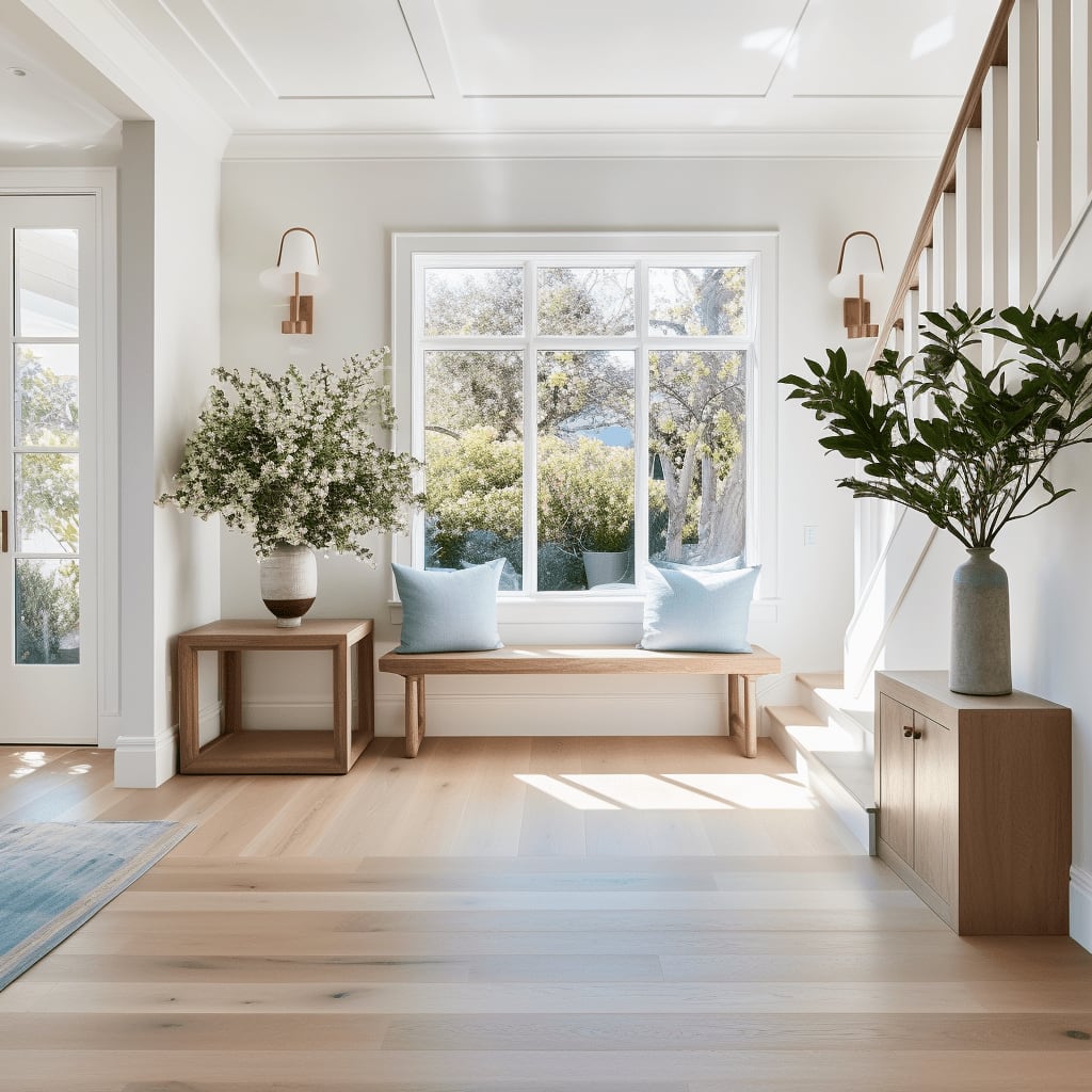 A bright and airy entryway with white walls and a wooden floor