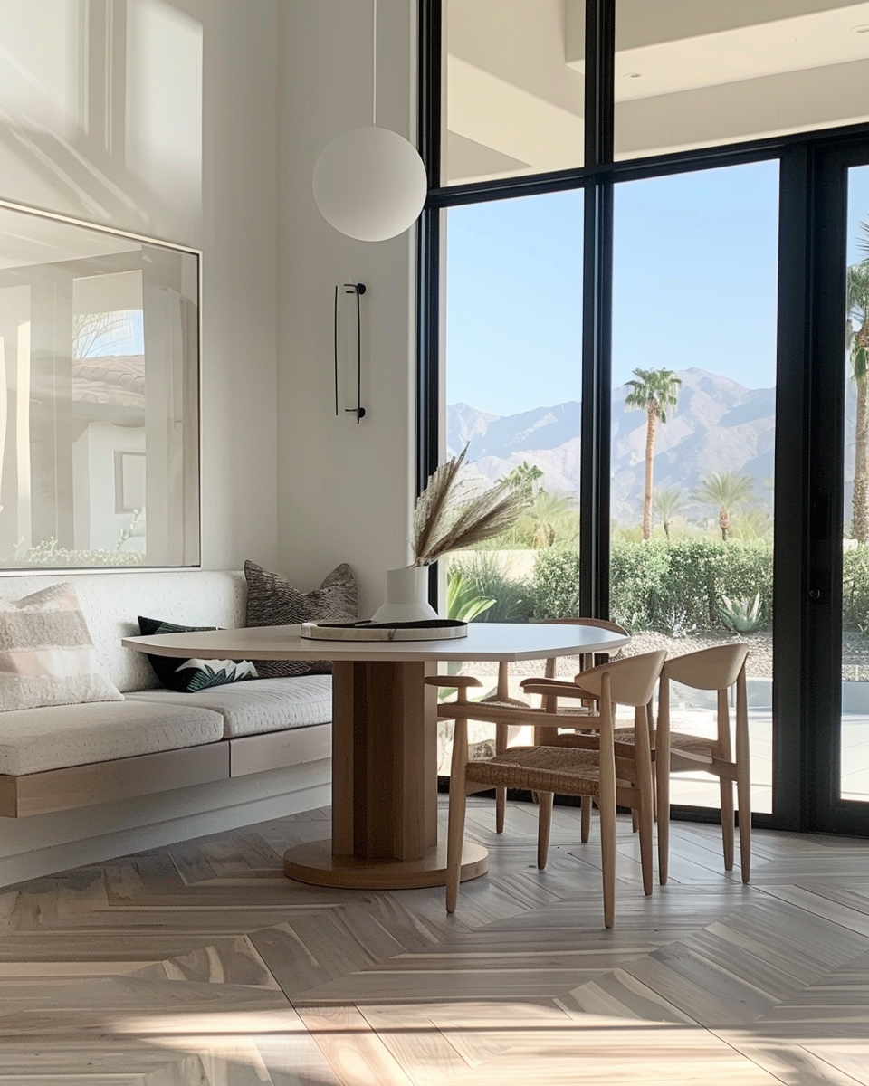 A cozy dining nook with a round table, cushioned bench seating, and two chairs. Earth-toned decor and artwork create a serene atmosphere. Large window reveals a sunny mountain view.