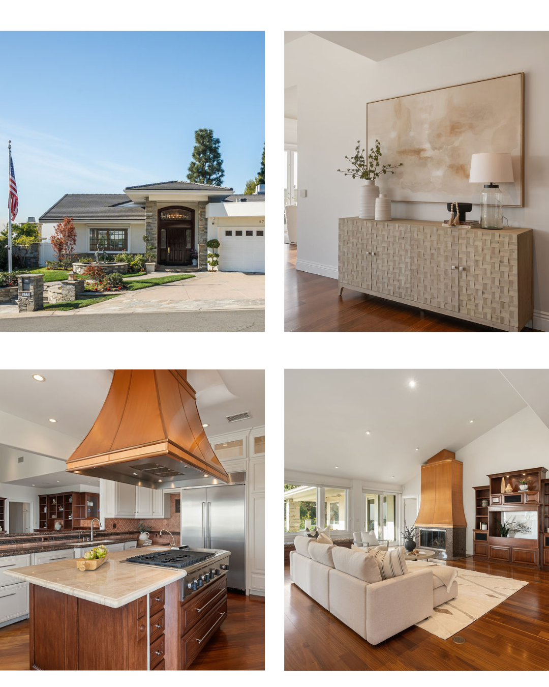 Home exterior and staged interiors featuring a copper-hood kitchen, wood floors, and a fireplace living room.
