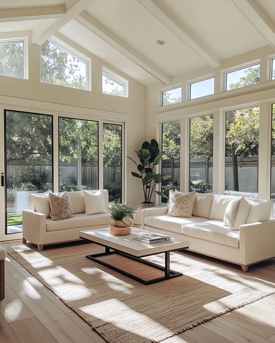 A modern living room featuring a kitchen and dining area, showcasing contemporary furniture and open space design.