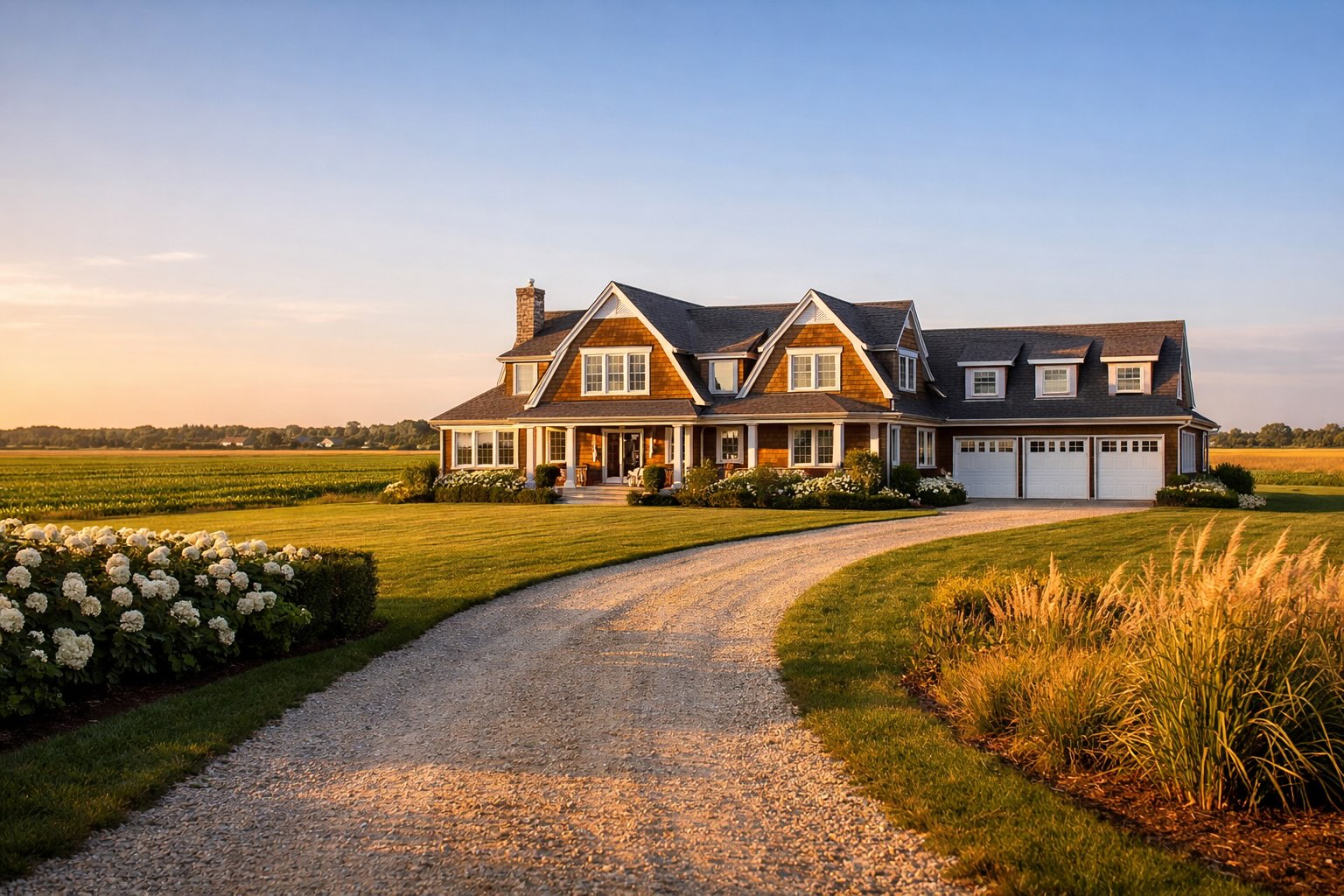Wainscott cedar shingle home with white trim and driveway beside open field
