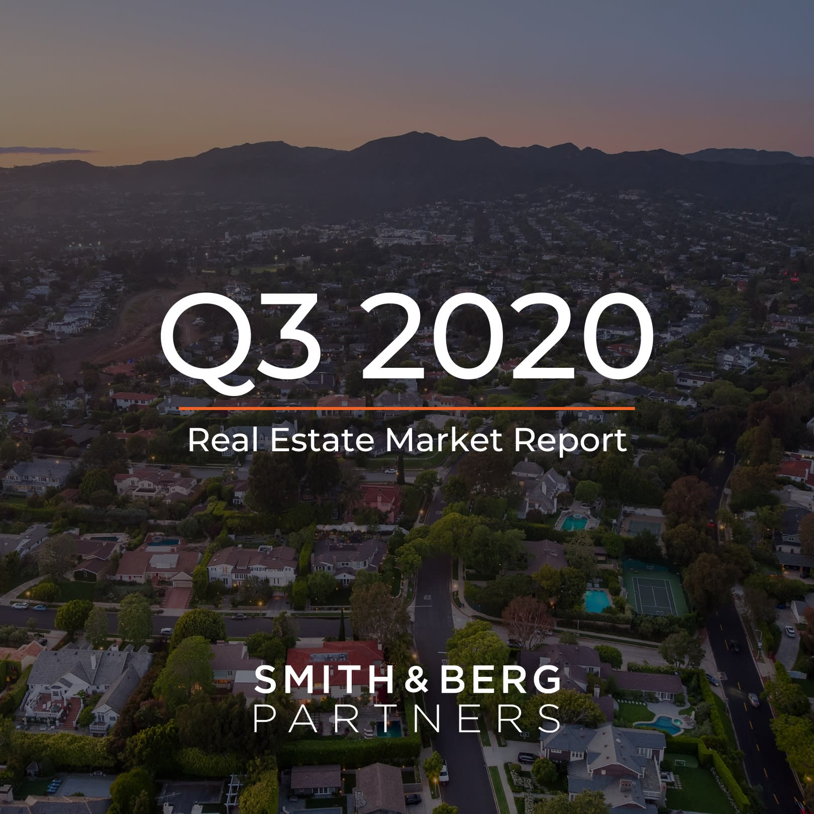 The cover of a "Real Estate Market Report" for "Q3 2020" features an aerial view of a sprawling residential area nestled among green hills and mountains
