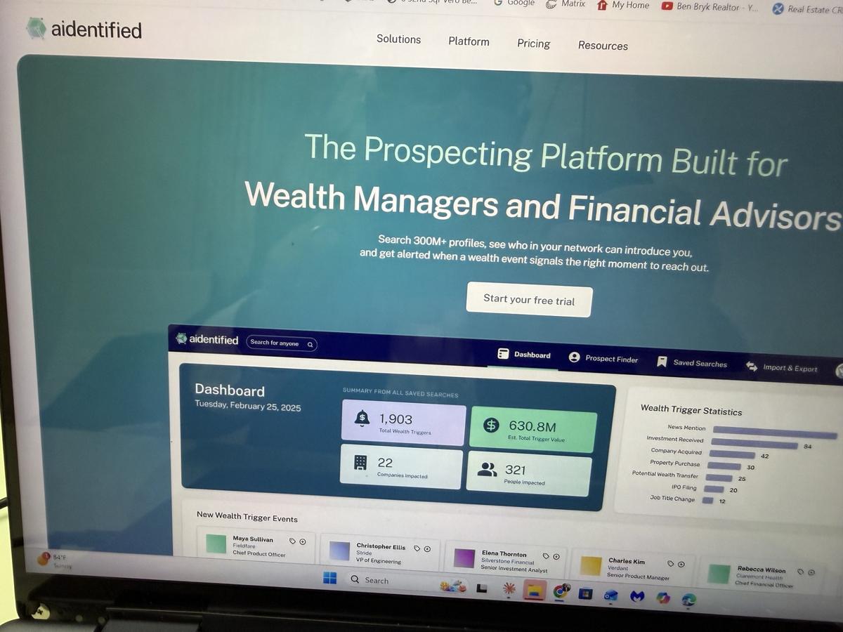 AIdentified prospecting platform dashboard showing wealth-trigger events and buyer profiles