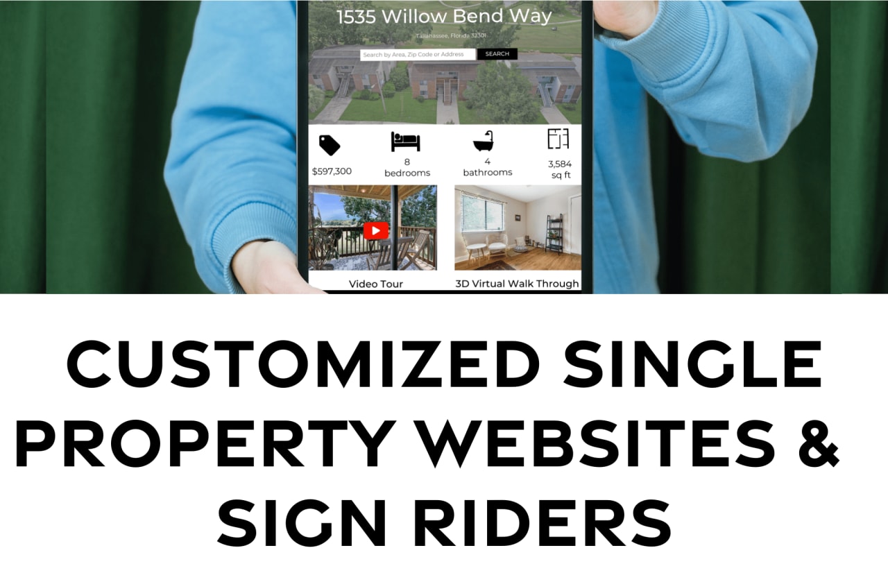 A person holding a sign with property details, suggesting a service for creating personalized property websites and signage. 