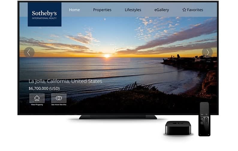 Television displaying a Sotheby's International Realty property page with a La Jolla ocean sunset.