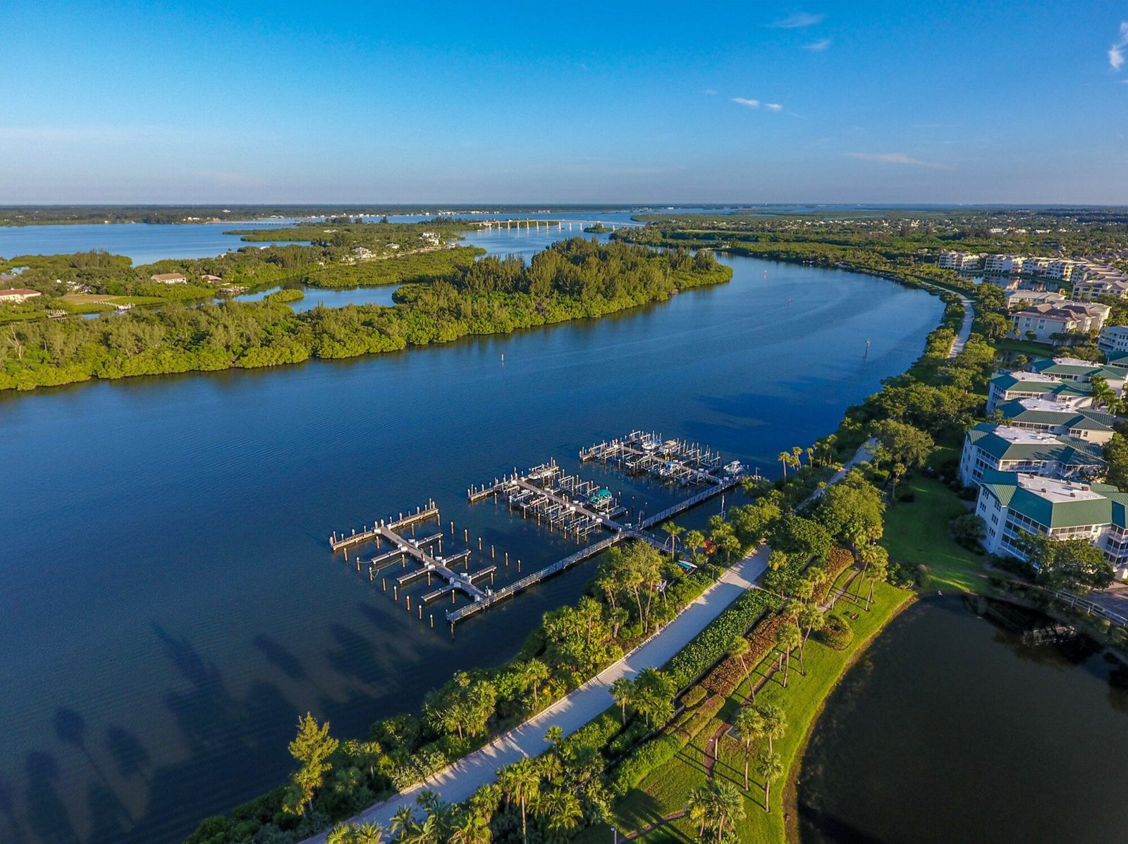 Aerial view of the Sea Oaks marina and the Indian River Lagoon on the Vero Beach barrier island