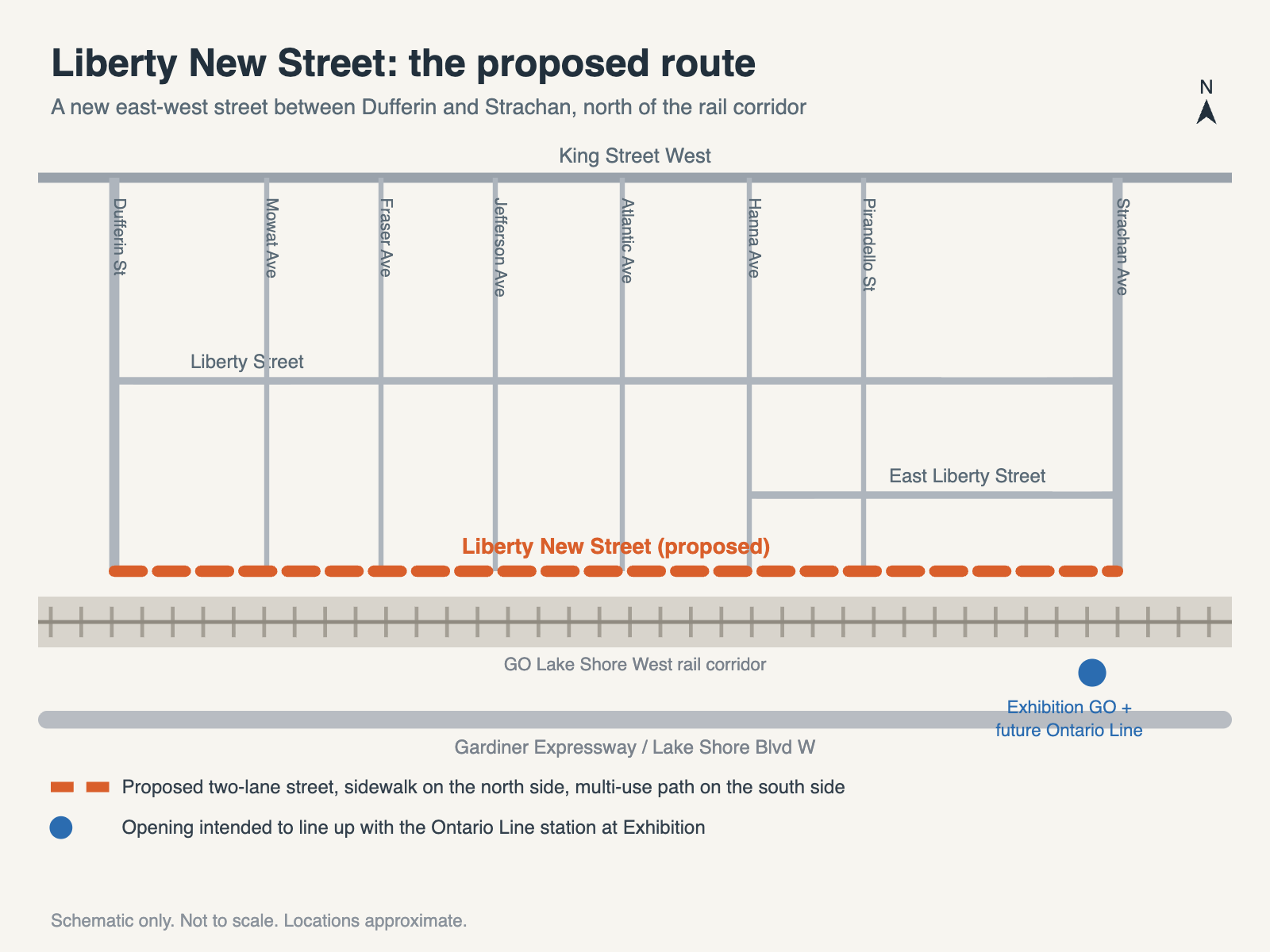 Schematic map of the proposed Liberty New Street between Dufferin Street and Strachan Avenue, north of the GO rail corridor in Liberty Village, Toronto