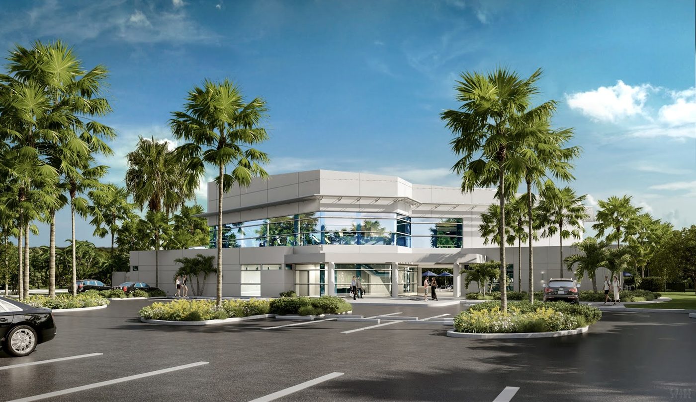 Architectural rendering of The Cove wellness center entry and arrival at Grand Harbor in Vero Beach, Florida