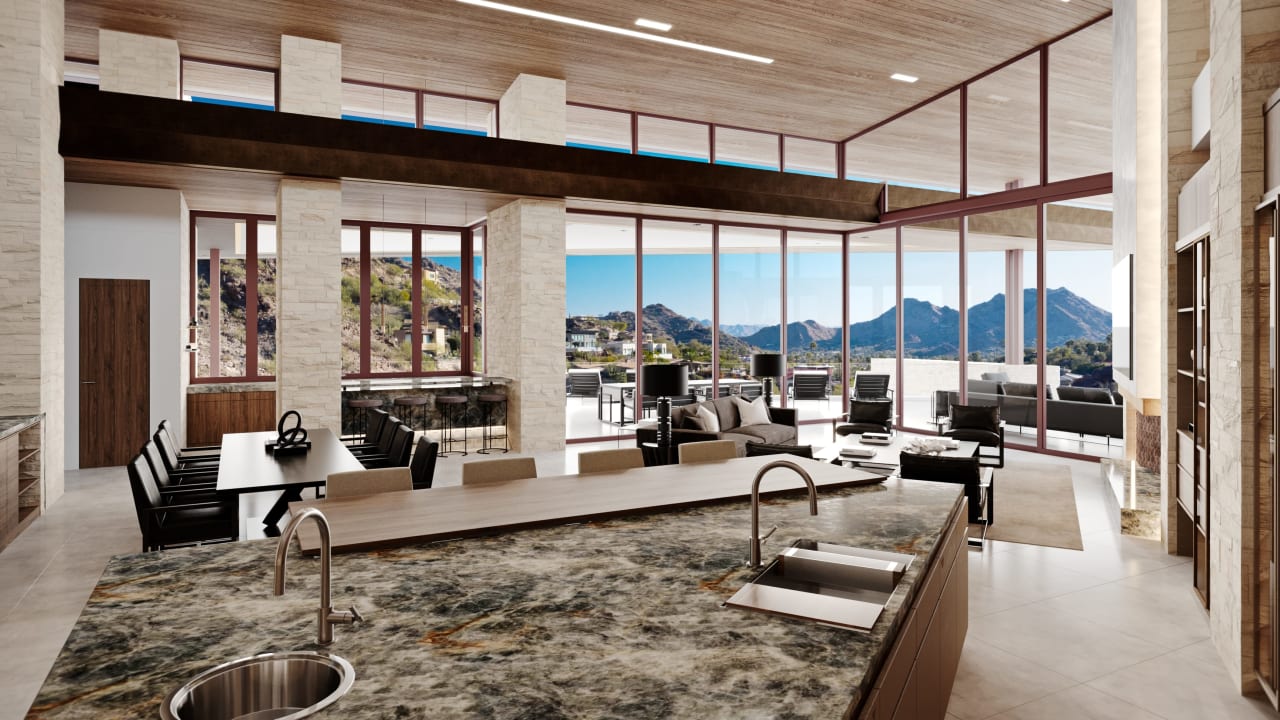 All glass living room in ultra luxury home with modern design