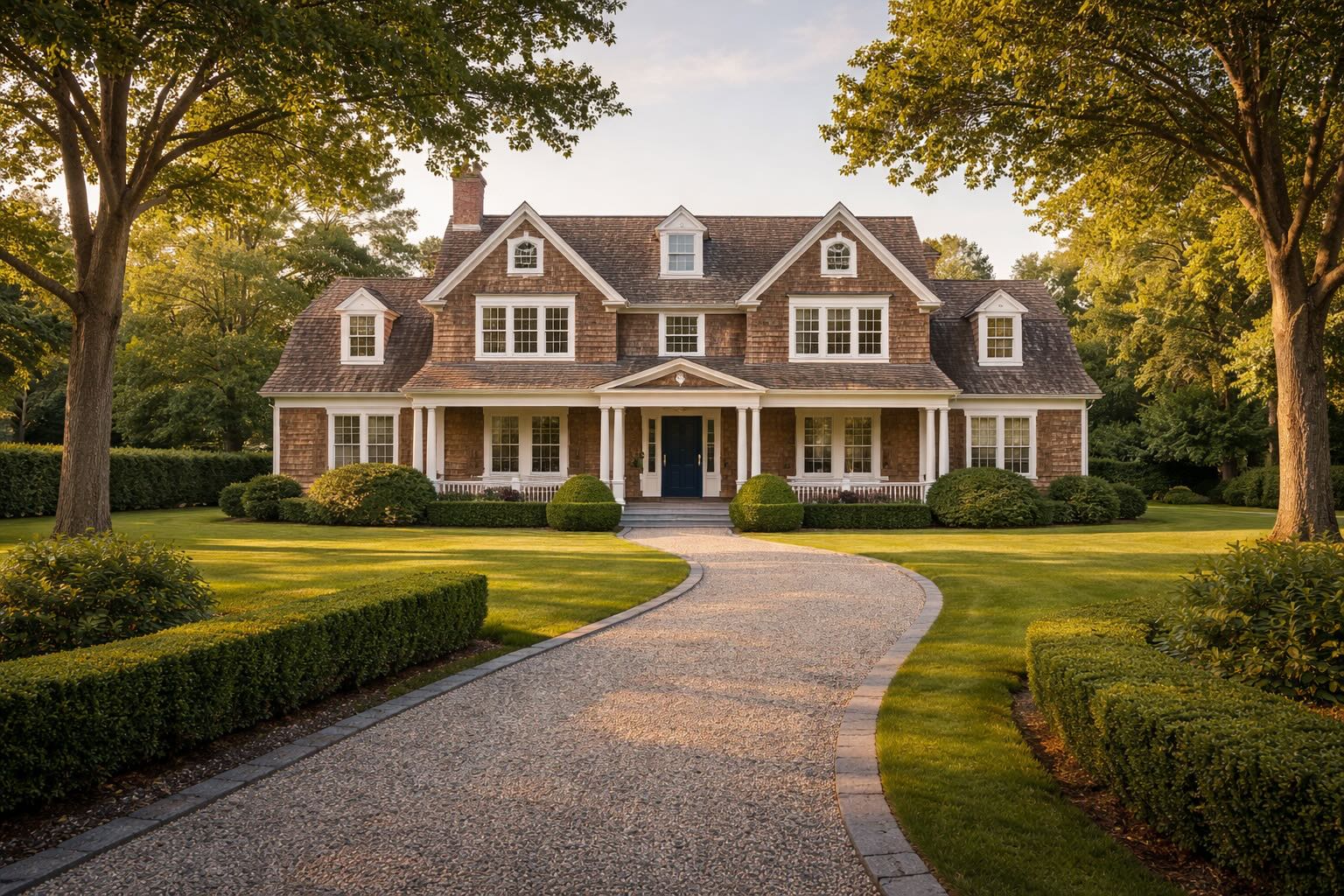 Southampton cedar siding house with pebble driveway