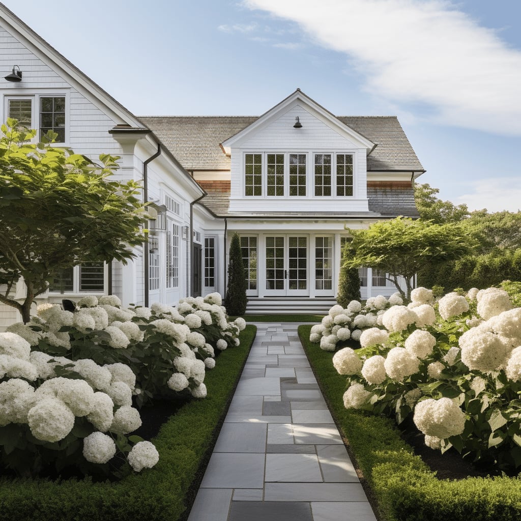 Front entrance of a white house with manicured bushes and a stone walkway, flanked by blooming hydrangeas.