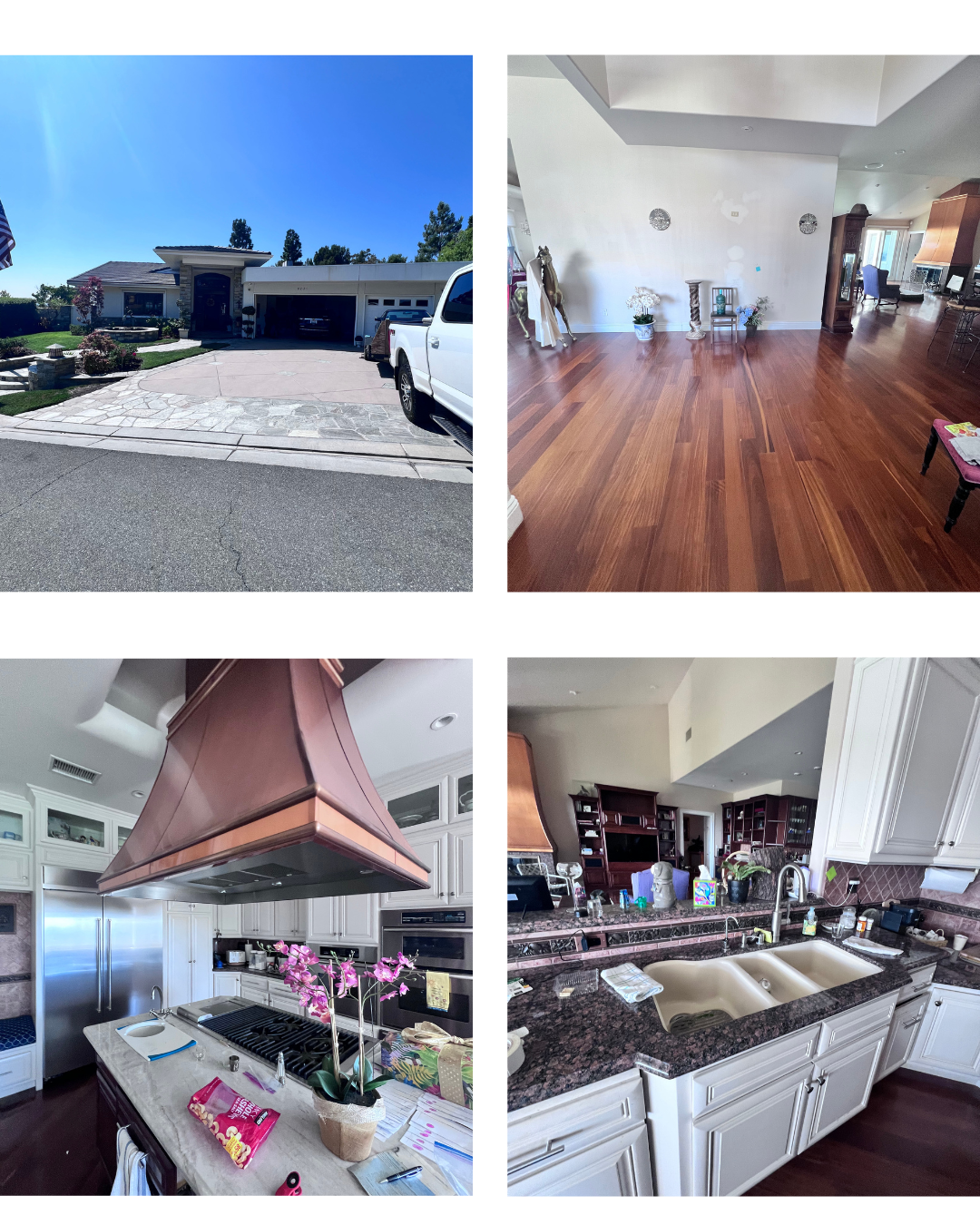 Home exterior and kitchen with a copper range hood, plus a spacious hardwood-floored living area.