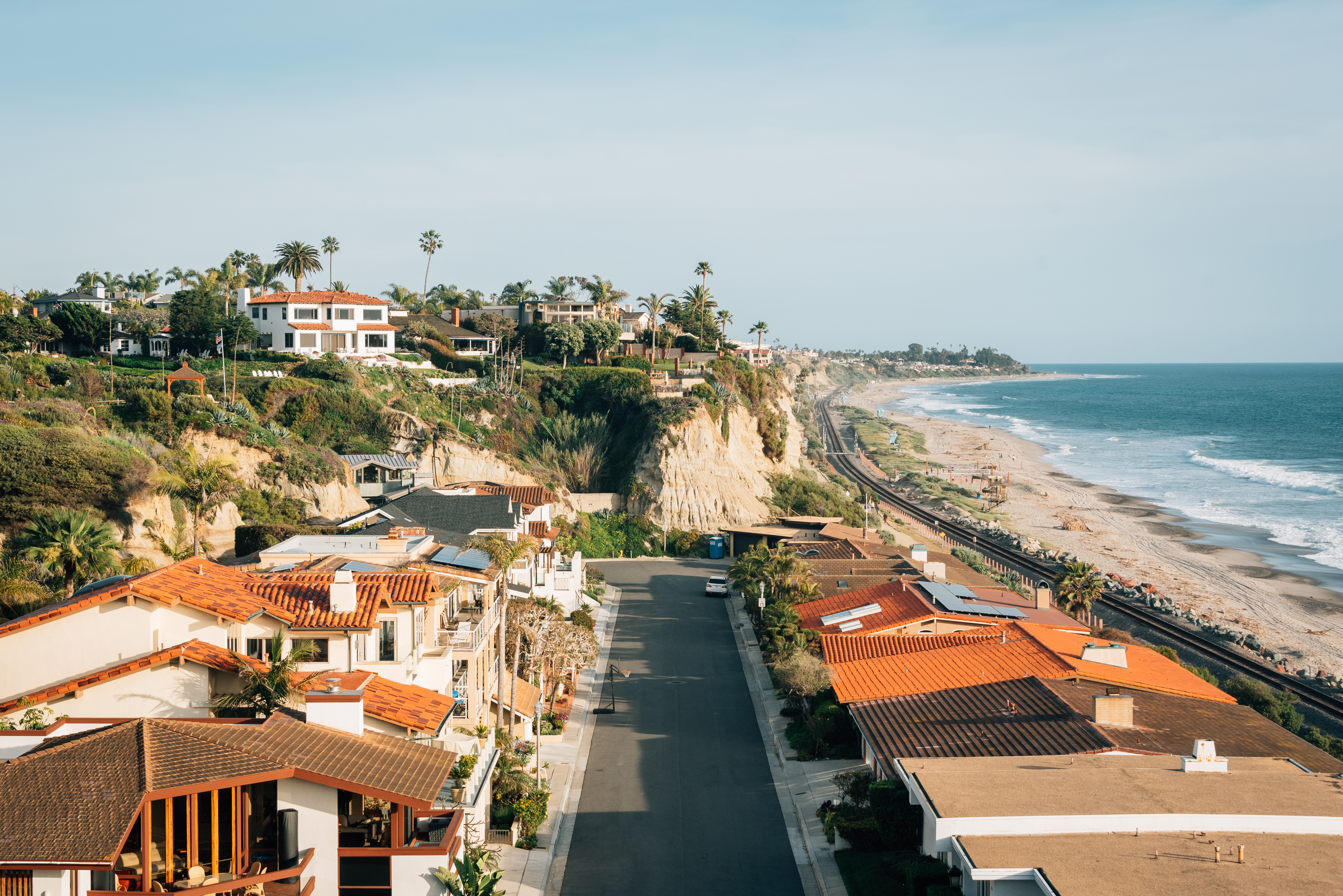 Aerial view of a classic Southern California suburban residential neighborhood