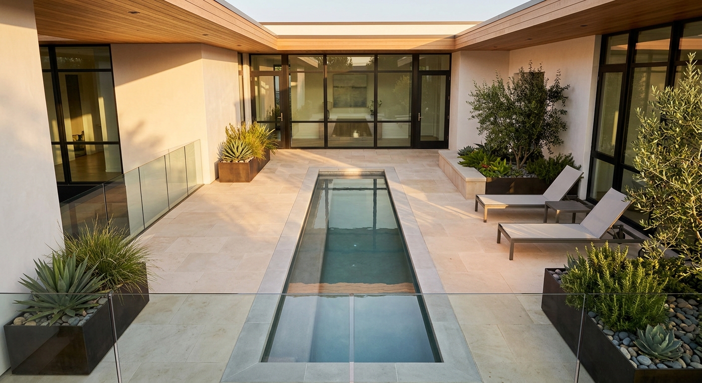 Modern Courtyard Design with Pool and Lounge Chairs in Luxury Real Estate