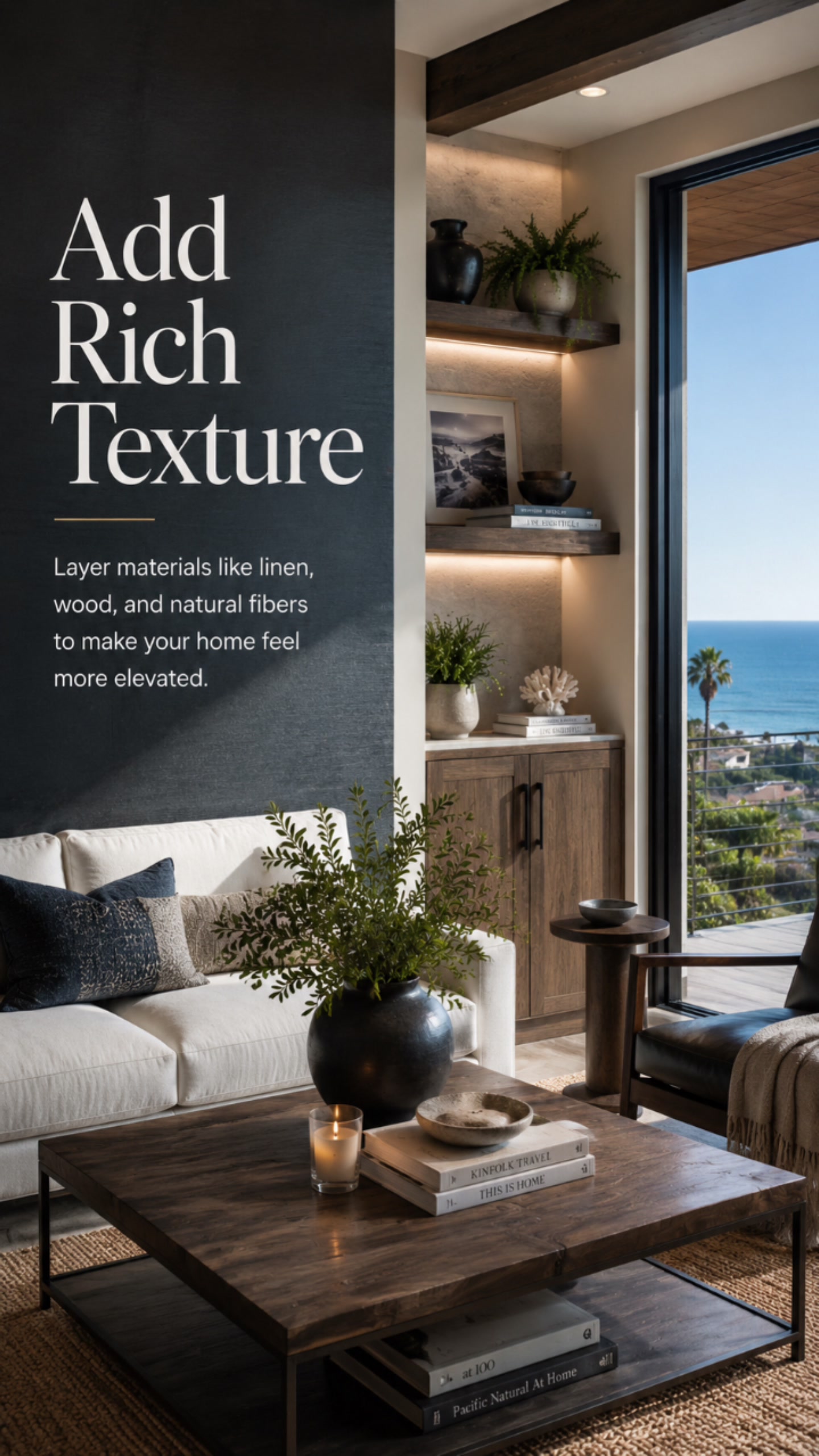 Add rich texture — linen, wood and a jute rug layered in a living room
