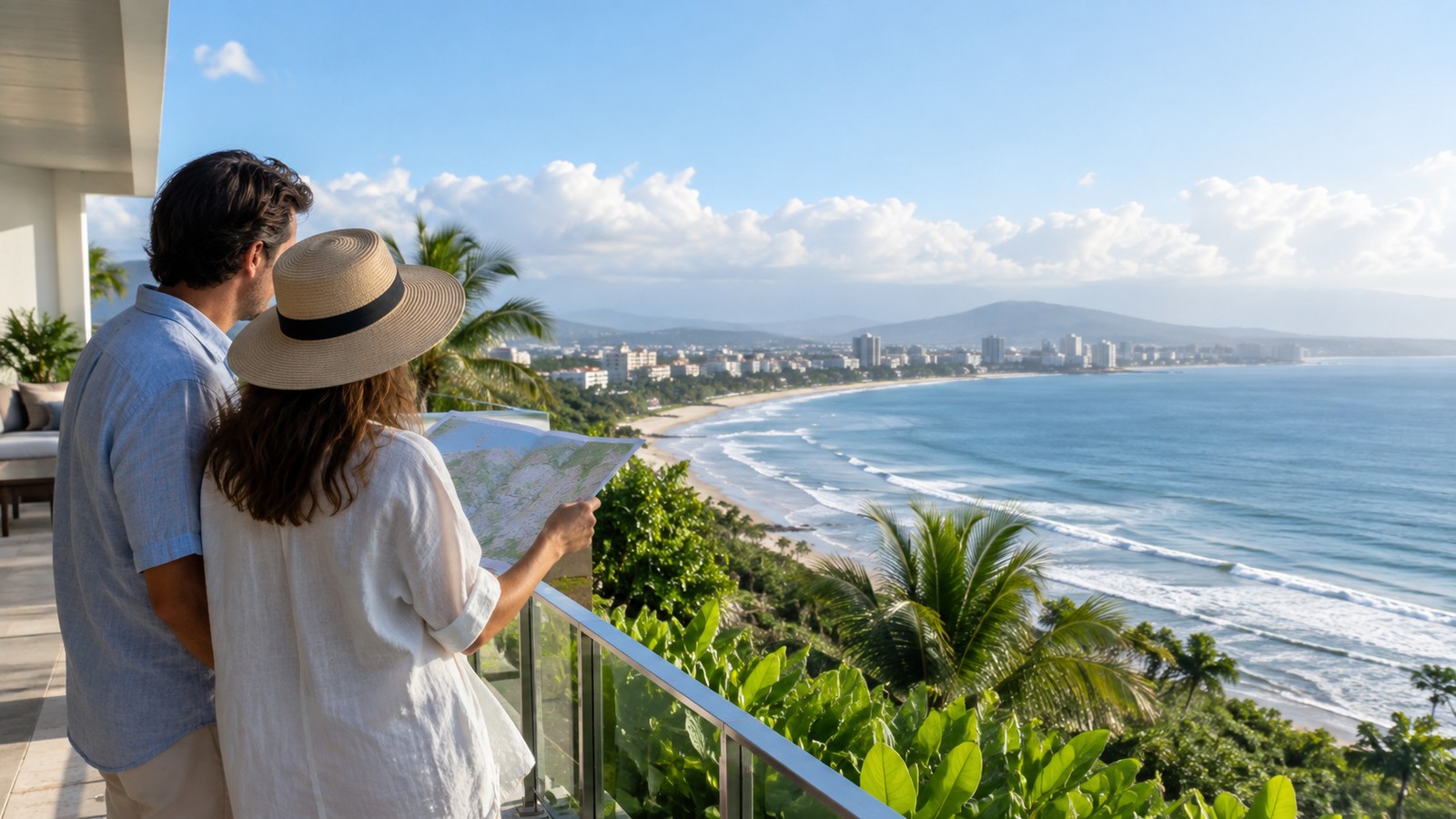 Luxury travelers overlooking Puerto Rico's coast while considering a home search