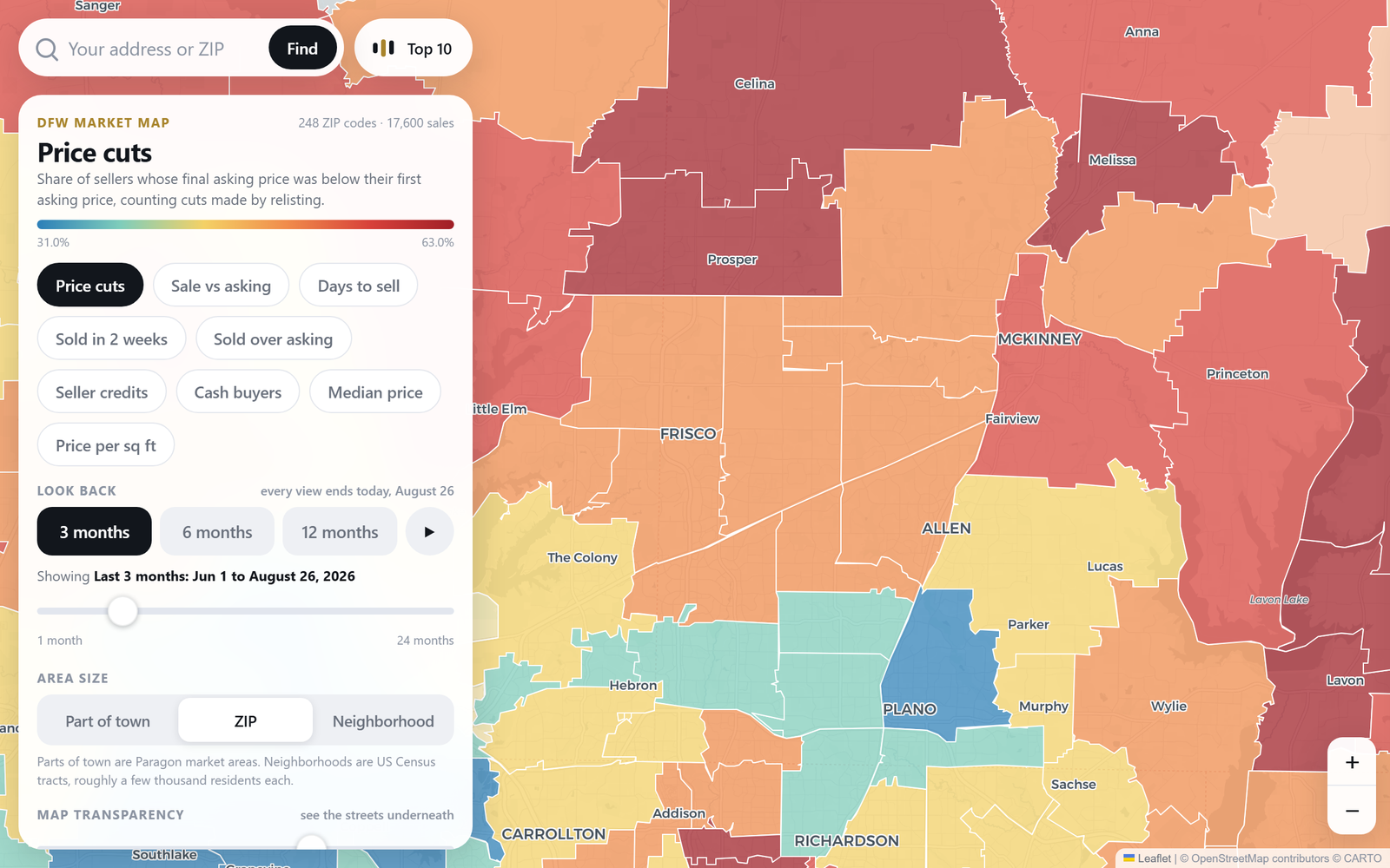 Price cuts across Frisco and McKinney on the Paragon DFW market map. The map defines this layer as the share of sellers whose final asking price was below their first asking price, counting cuts made by relisting. Source: Paragon DFW market map (NTREIS).
