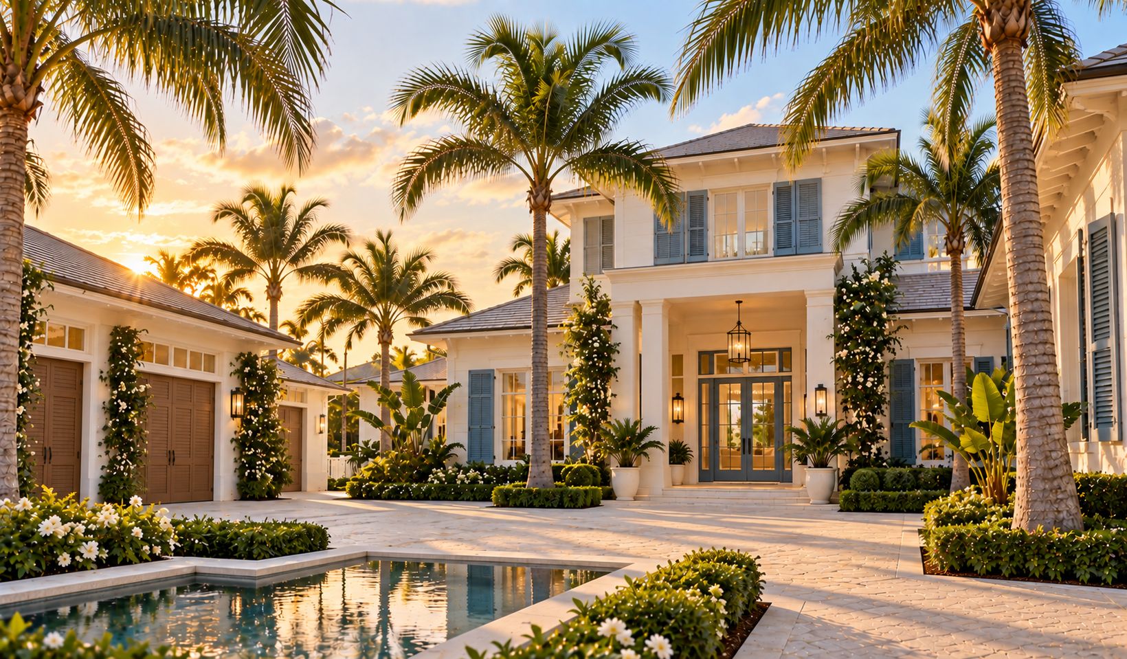 New construction home with palm-lined motor court at sunset