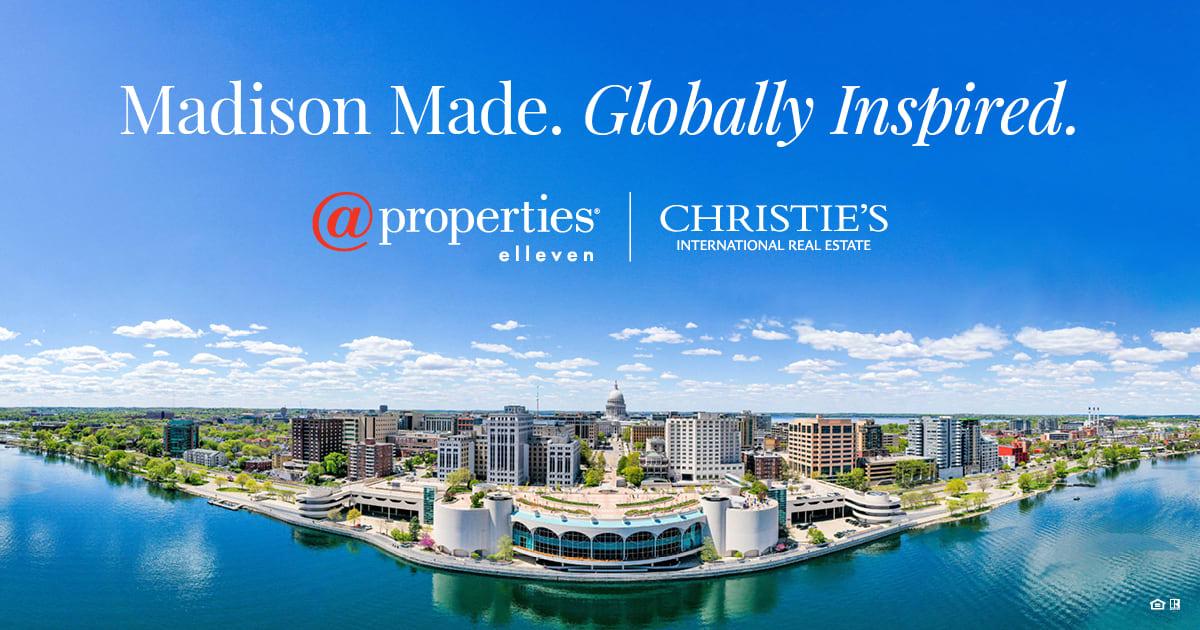 Madison skyline across the water with “Madison Made. Globally Inspired.” and @properties elleven and Christie’s branding.