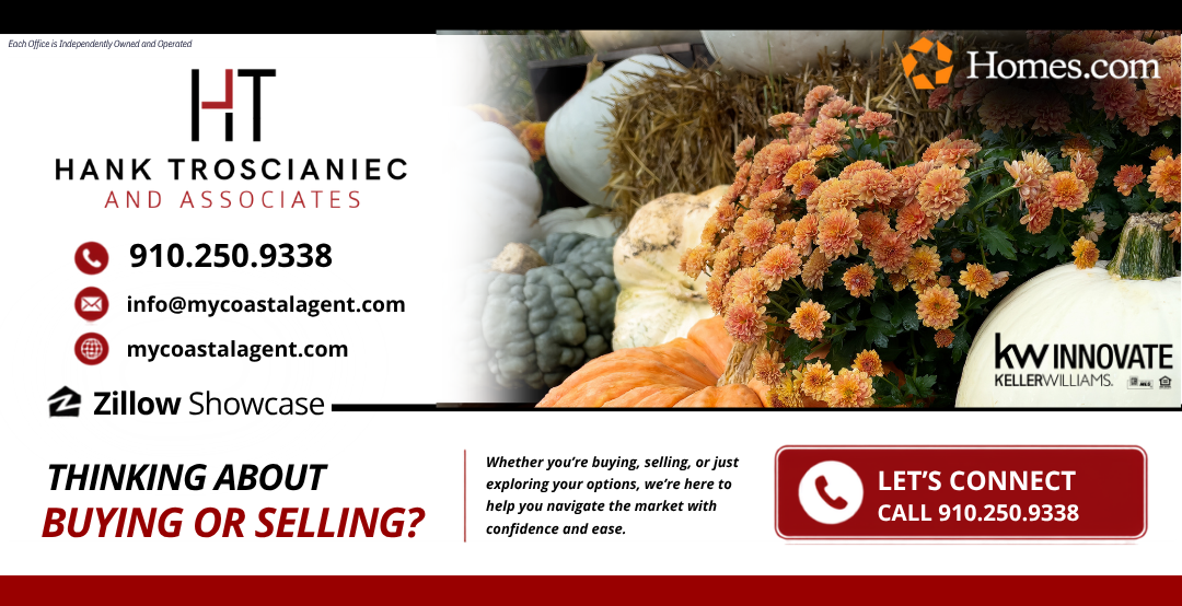 Hank Trosciniec and Associates — 910.250.9338, info@mycoastalagent.com, mycoastalagent.com. Thinking about buying or selling? Let's connect.