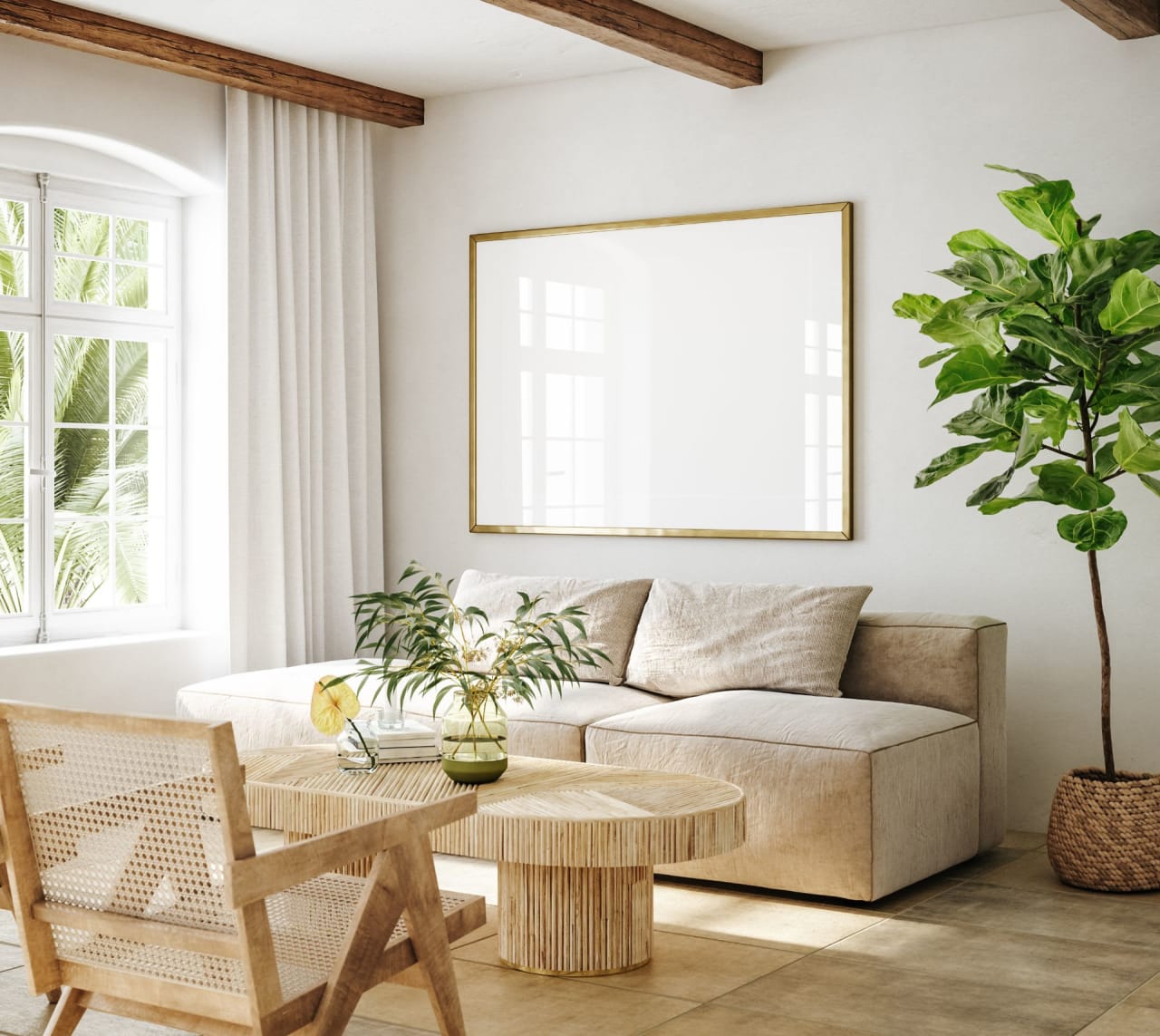 This cozy living room has a mid-century modern feel, with a cream-colored couch, a wooden armchair, and a wood coffee table.