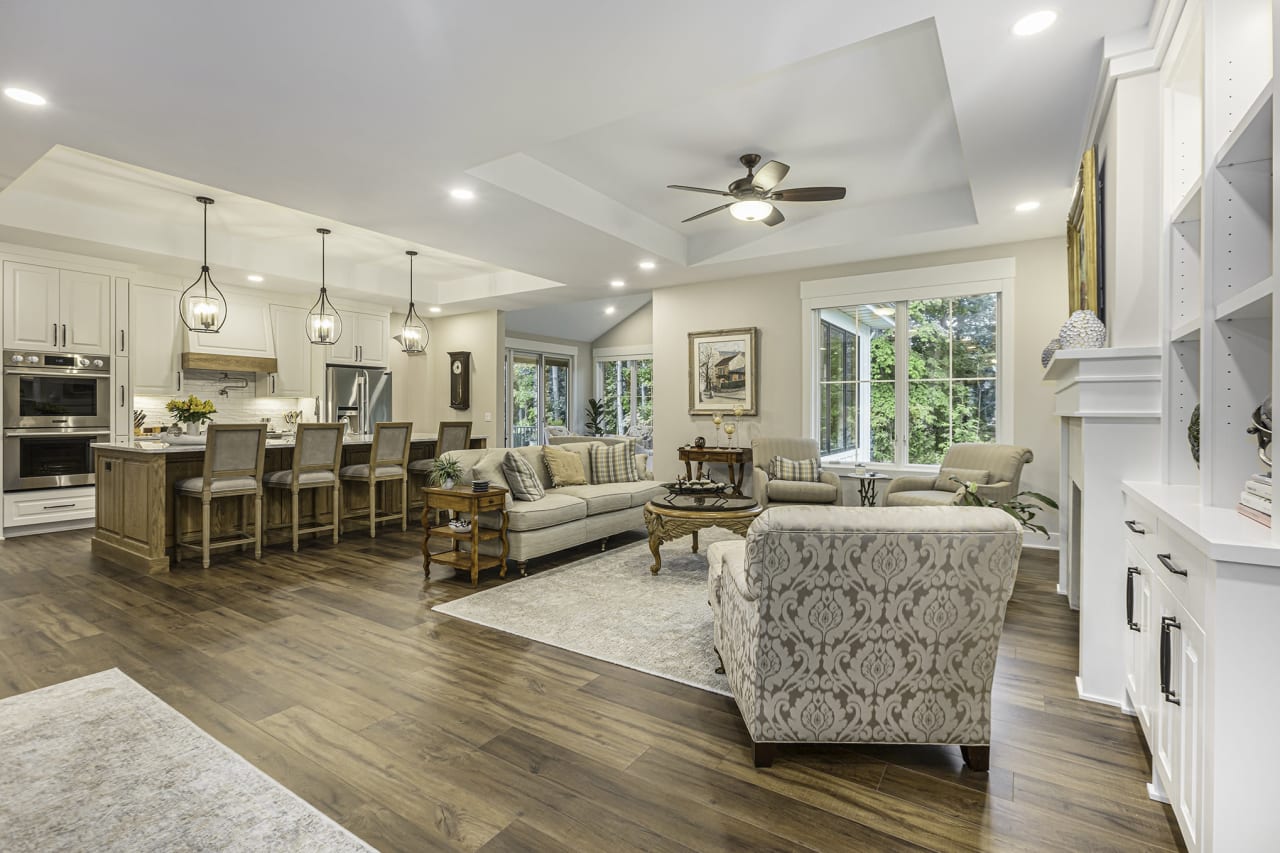 interior design of living area and kitchen area