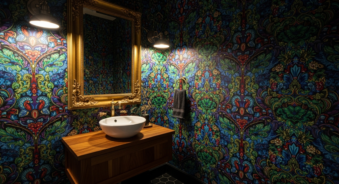Powder room fully wrapped in bold maximalist wallpaper, a popular 2026 design approach for small spaces