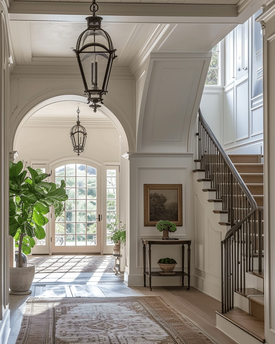 Elegant hallway with white paneled walls, a staircase, and large windows letting in natural light.