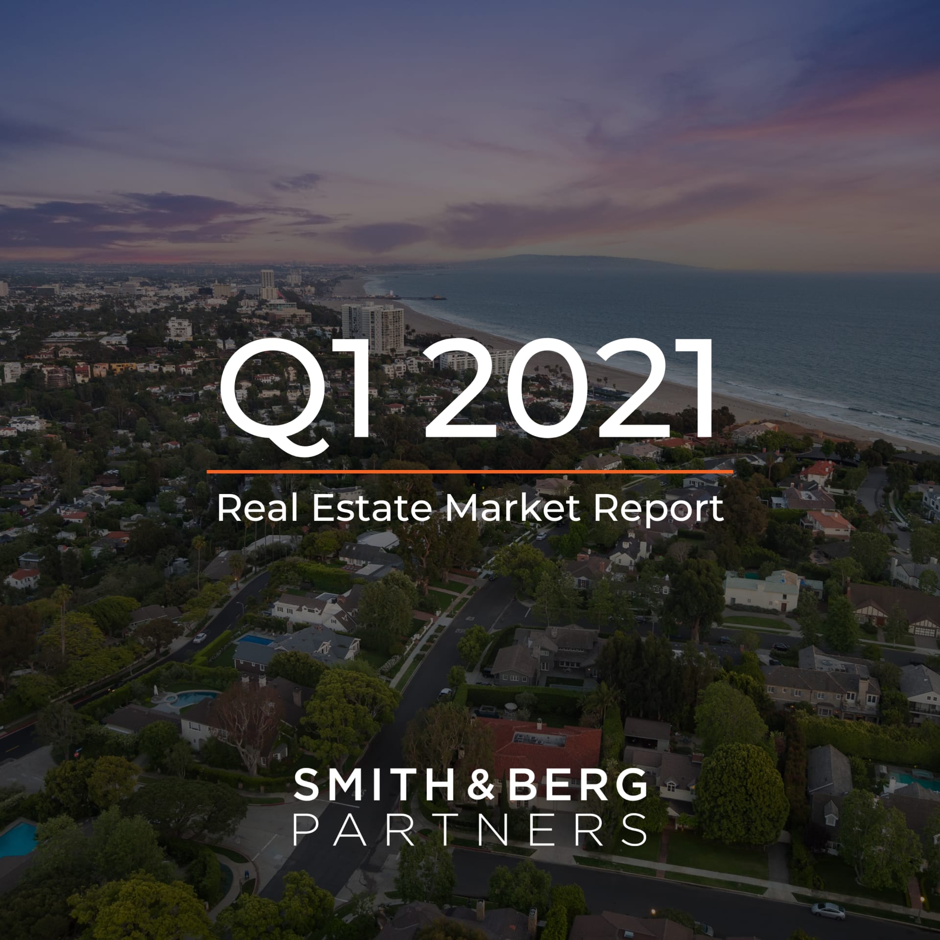 The cover of a "Real Estate Market Report" for "Q1 2021" features an aerial view of a coastal city 