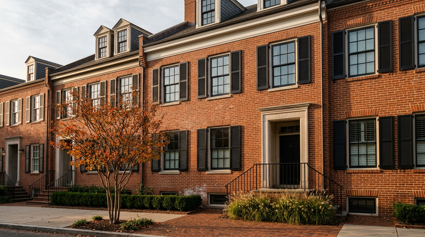 Red brick townhome with black shutters and a landscaped entrance featured in a downtown Carmel article