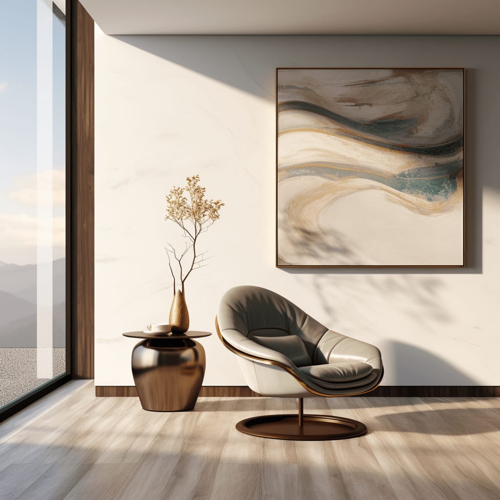 Sunlight streams into a modern living room with a comfy armchair and abstract art.