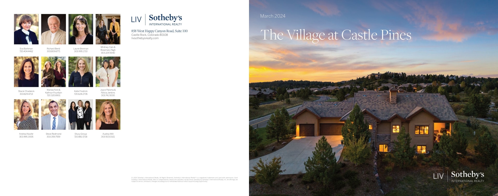 March 2024 Village at Castle Pines real estate brochure with agent portraits and a home at dusk.