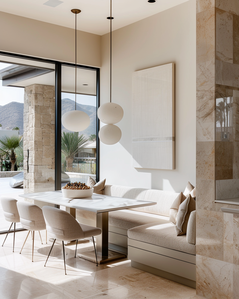 Minimalist dining area with a beige L-shaped bench, round chairs, and a sleek table. Large windows reveal a desert view. Neutral tones and soft lighting create a serene ambiance.