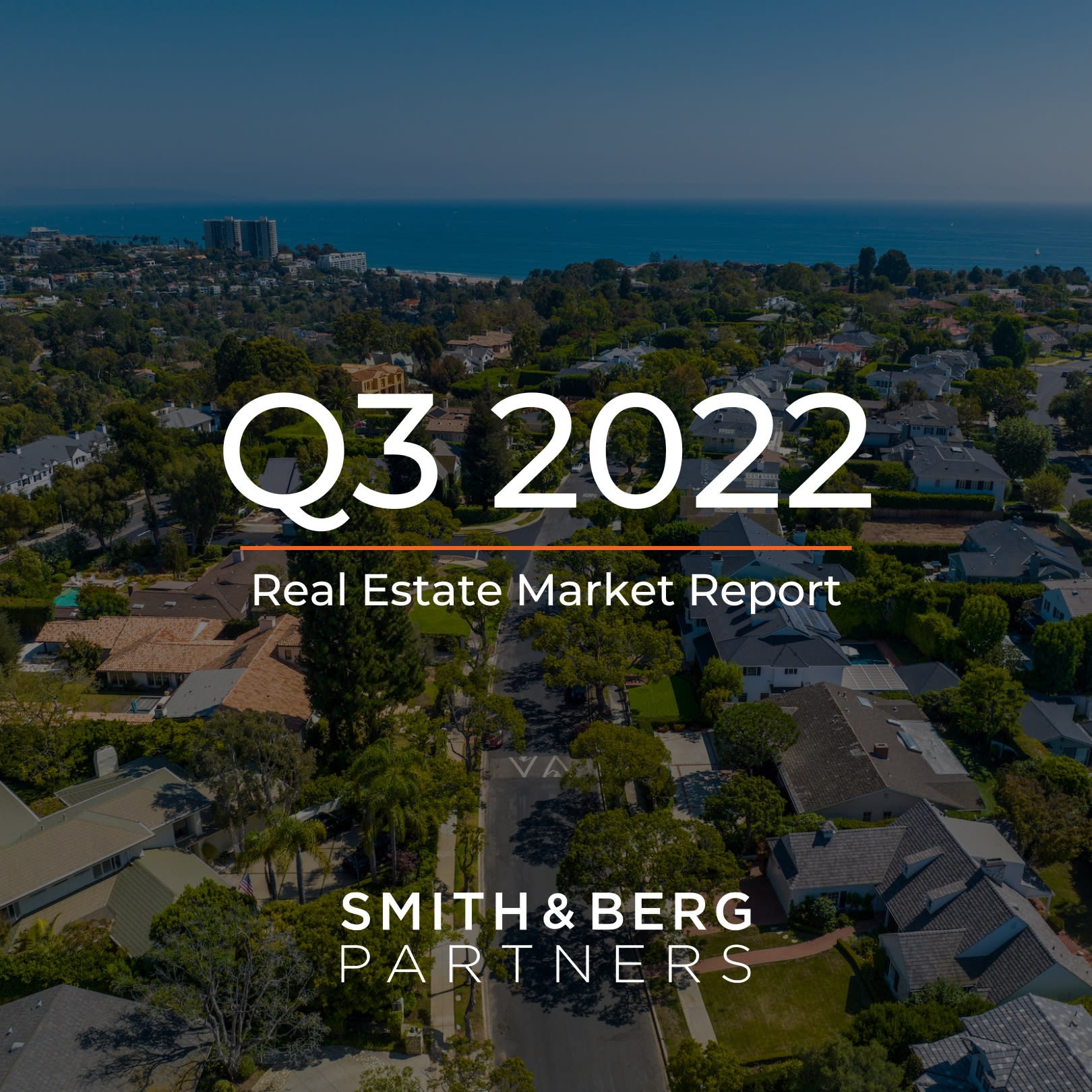 The cover of a "Real Estate Market Report" for "Q3 2022" features an aerial view of a coastal residential 