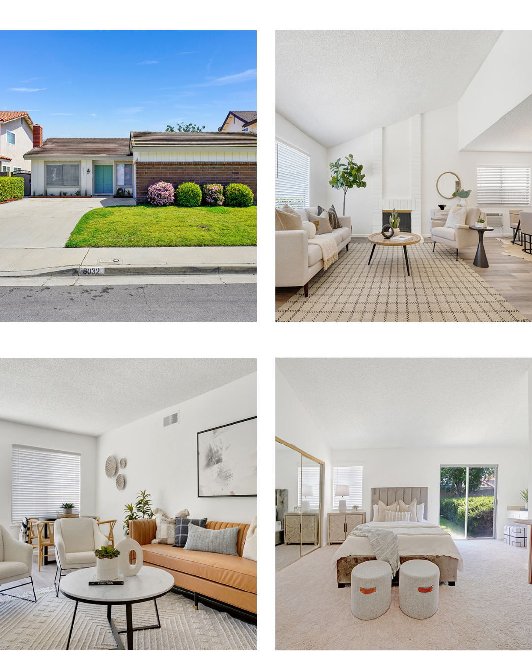 Single-story home with a blue front door, staged living rooms, and a neutral bedroom.