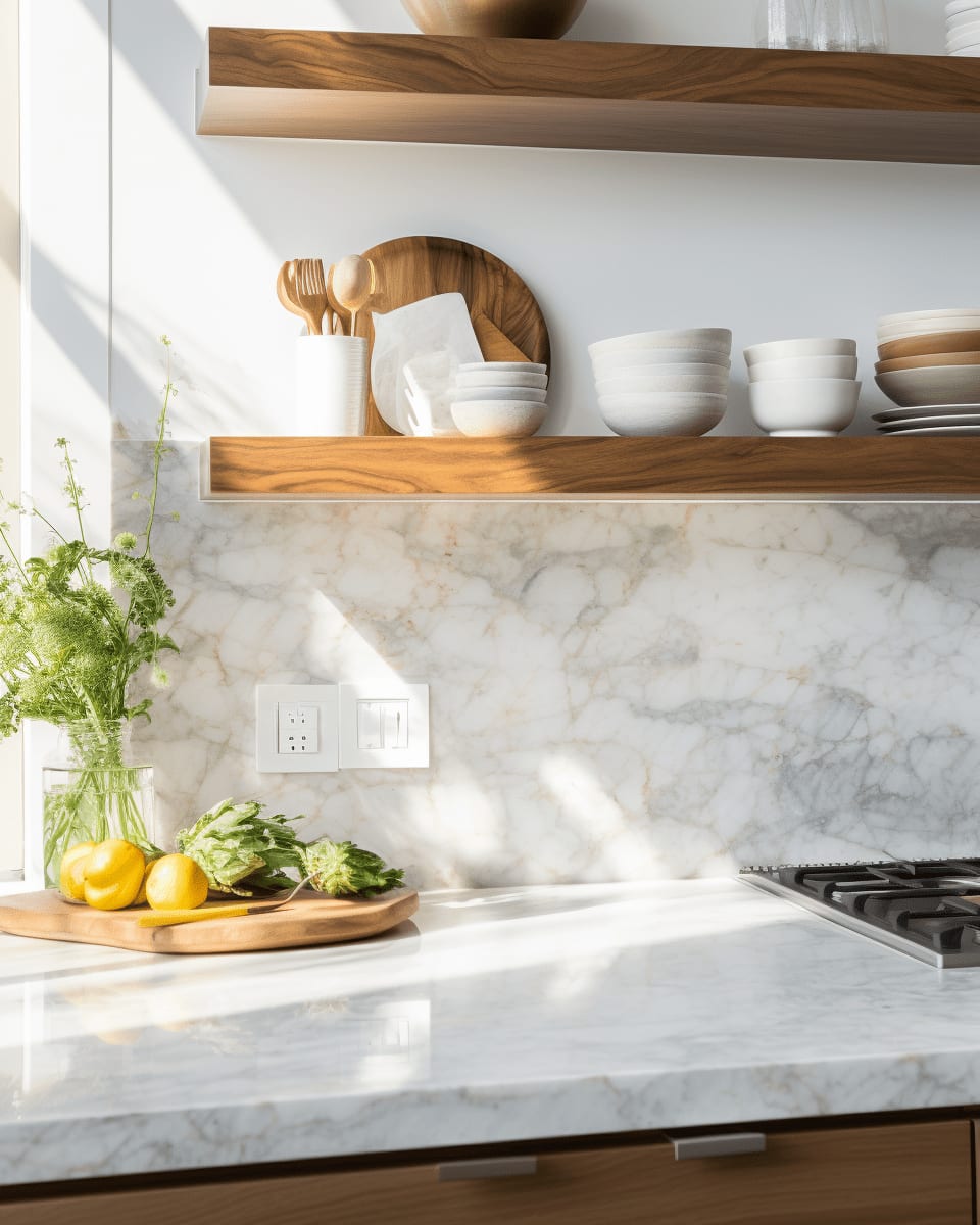 A white kitchen marble countertop and light wooden shelves.