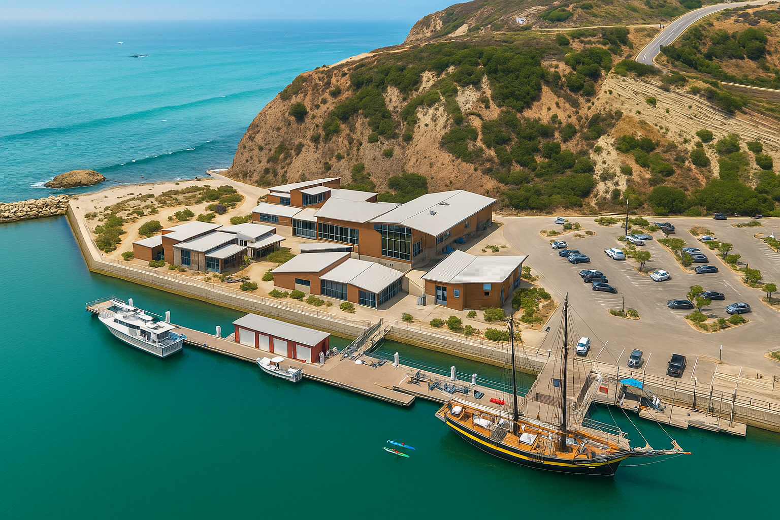 Aerial view of Dana Point Ocean Institute and harbor