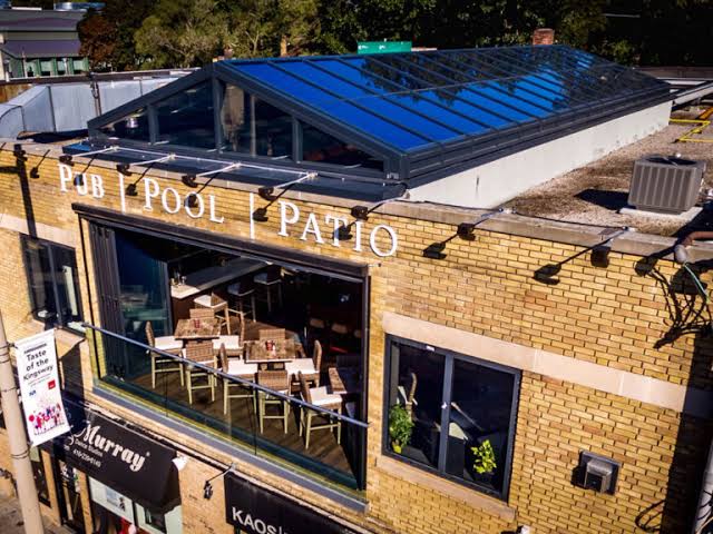 The rooftop of The Crooked Cue on Bloor Street with its retractable glass roof