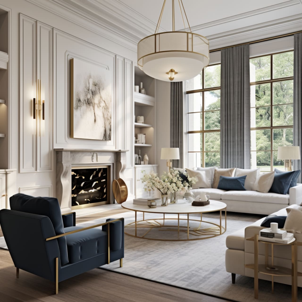 Luxurious living room with white walls, large windows, gold-accented furniture, and a central chandelier.